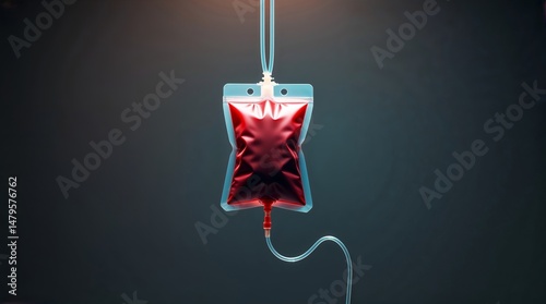 Blood bag suspended, ready for transfusion in a medical setting during evening hours