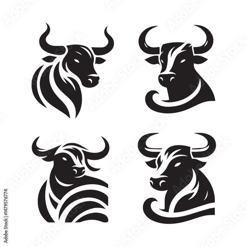 black Set of vector black silhouettes of bull icon isolated on a white background