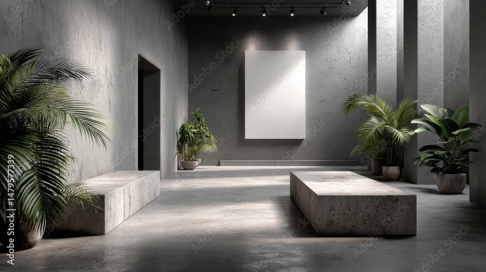 Fototapeta premium 3D rendered gallery with concrete walls, a white billboard, and indoor plants. Interior for exhibitions and visual presentations. 