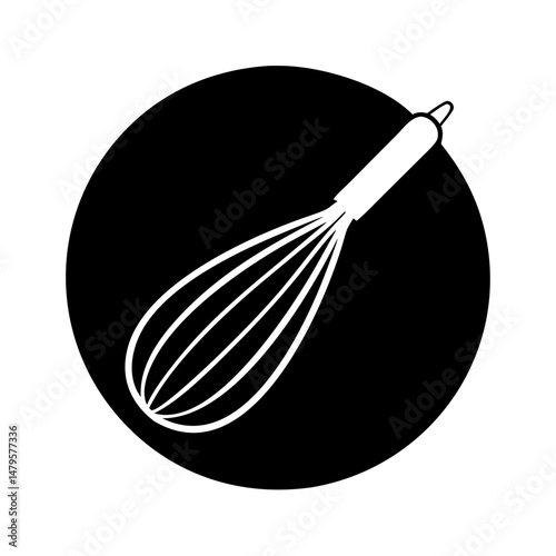 Simple monochromatic image of a whisk against a solid black circular background