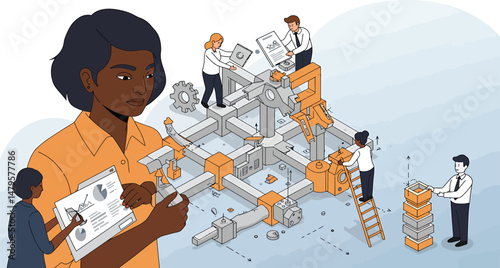 Illustration of Illustration of teamwork building a complex structure (business metaphor)