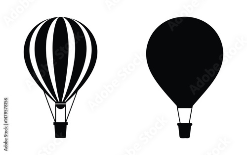 Striped and Solid Black Hot Air Balloons, Simple Icons