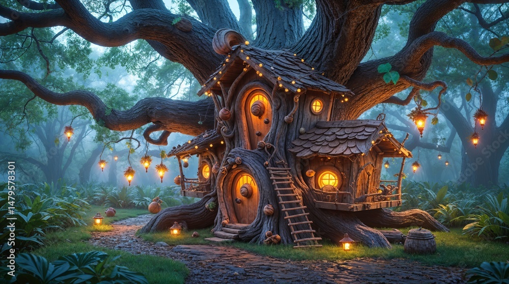 Obraz premium Enchanted treehouse in a mystical forest illuminated by lanterns during twilight