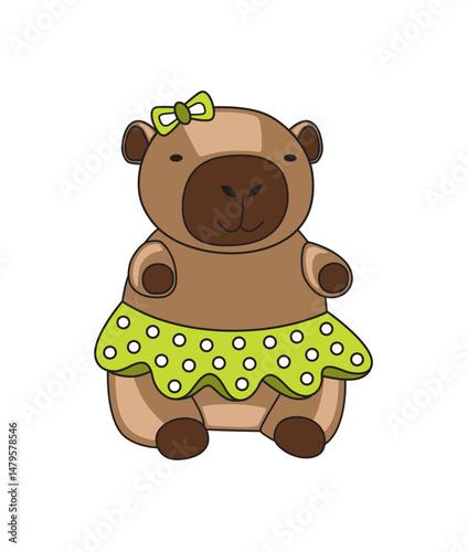 Cartoon pretty capybara in light green skirt. Design element of funny animal, cute biggest rodent. Flat vector children's design illustration for print, greeting card, packaging, fabrics