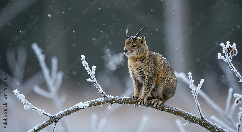 Obraz premium Majestic horned jerboa winter wonderland breathtaking snowy scene adorable creature frosty branches serene beauty