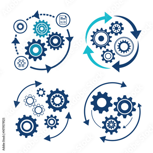 Four circular diagrams with gears and arrows on a white background