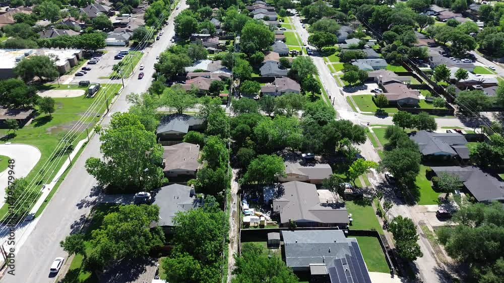 Established green neighborhood in North Dallas residential area nested in lush community near Northaven and Dennis Road, suburban home large backyard zero emission zone, tree line street, flyover