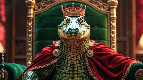 Crocodile in royal attire seated on a throne with a crown in an ornate setting