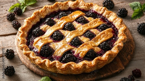 A blackberry pie with golden crust and blackberry filling oozing out