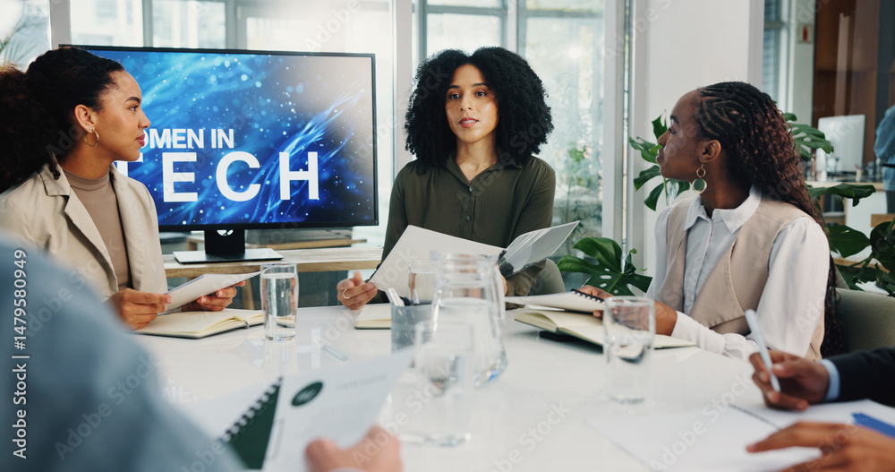 Fototapeta premium Women, tech and meeting with documents by screen for empowerment, inclusion and pitch at office. Person, speaker and paperwork in boardroom with planning, agenda and future with proposal at IT agency