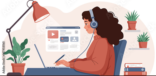 Modern Student Studying Online - Illustration