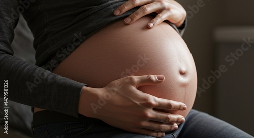Close-up of a pregnant woman holding her belly in warm natural lighting, wearing casual outfit.

