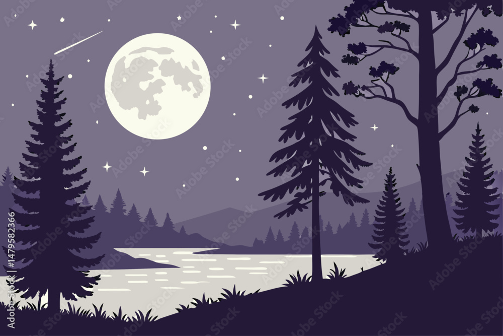 Naklejka premium Generated AI Majestic Night Landscape - Moonlit Forest and Serene Lake