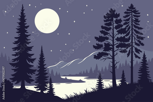 Generated AI Art Majestic Nighttime Forest Landscape with Moonlit River