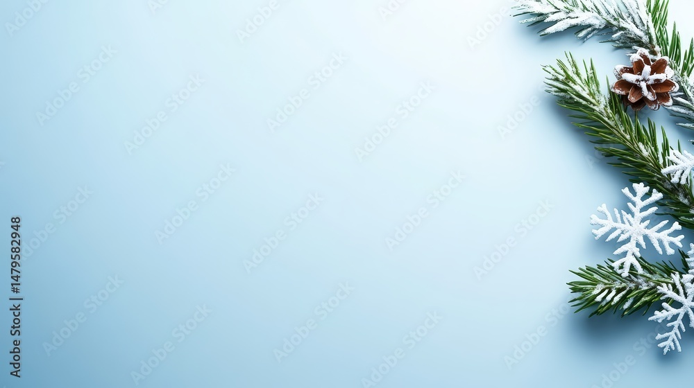 Festive Christmas decorations with pine branches pinecones and snowflakes on a light blue background Festive Christmas decorations with pine branches pinecones and snowflakes on a light blue background