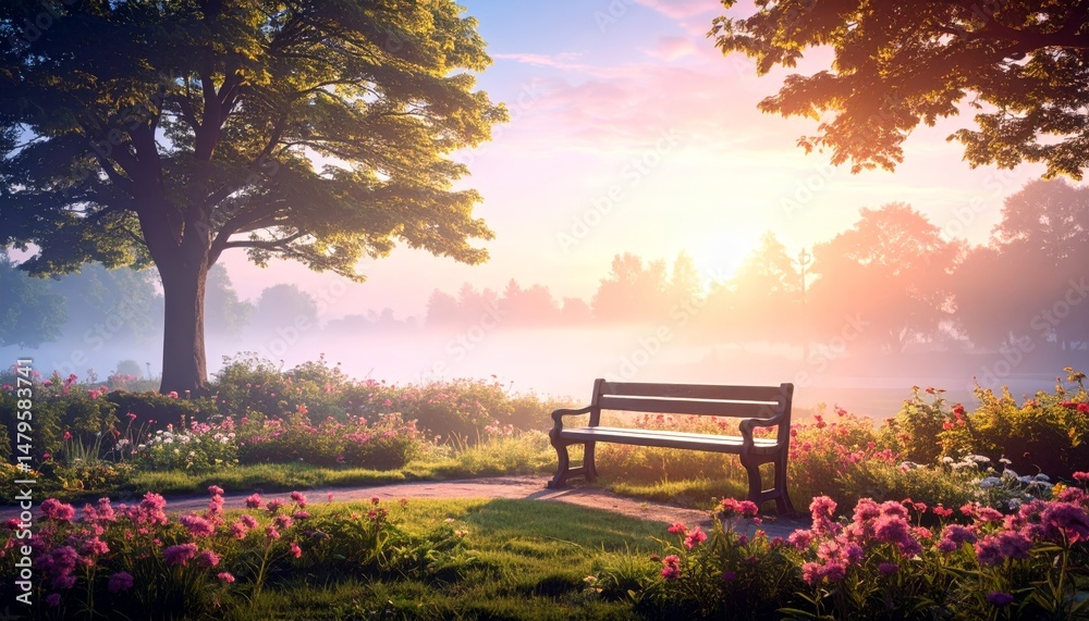 Obraz premium Lone Bench in a foggy city park