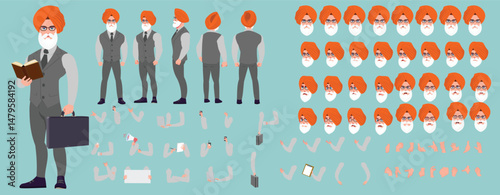Man Character design. Front, side, back view and explainer animation poses. Character set with lip sync and facial expressions of Happy, angry, sad, Joy with Side walk cycle animation sequence sprite 