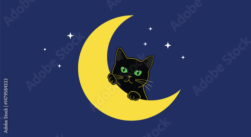 Outlined Cat Peeking from Crescent Moon
