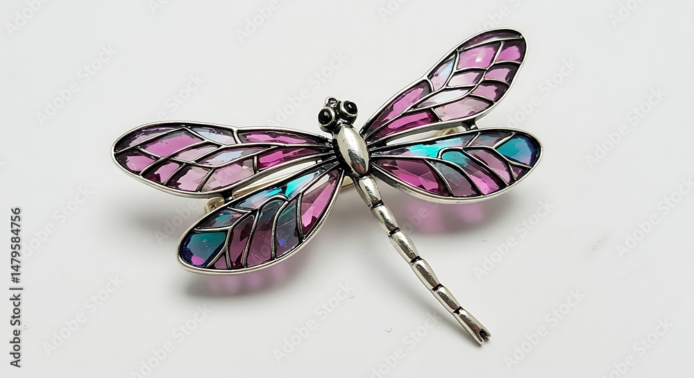 Fototapeta premium Dragonfly Brooch with Pink and Blue Glass Wings