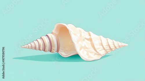 Flat cartoon whelk shell, minimal style, mint green background