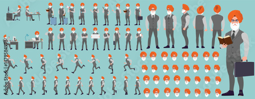 Man Character design. Front, side, back view and explainer animation poses. Character set with lip sync and facial expressions of Happy, angry, sad, Joy with Side walk cycle animation sequence sprite 