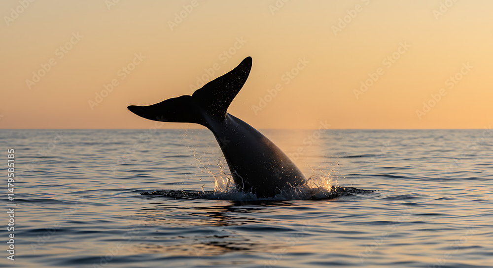 Obraz premium Majestic whale tail breaching at sunset breathtaking ocean wildlife spectacle