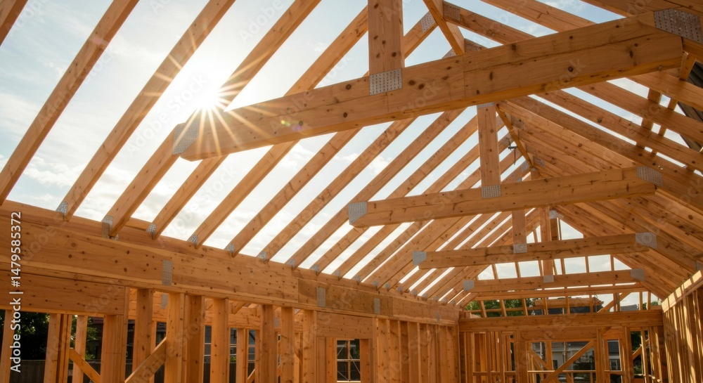 Obraz premium Wooden roof structure under construction