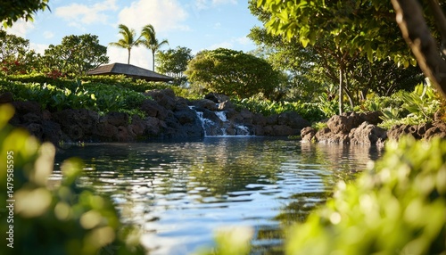 Tropical oasis with waterfall