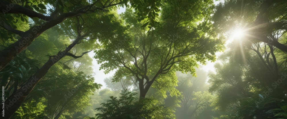 Fototapeta premium Lush green forest canopy, dappled sunlight filtering through leaves, ecology, green, plants
