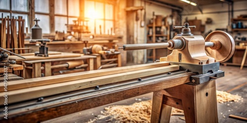 Close-up View of a Woodworking Lathe in a Traditional Workshop, Showing the Craftsmanship and Detail of the Machine and the Preparation of Raw Lumber for Shaping