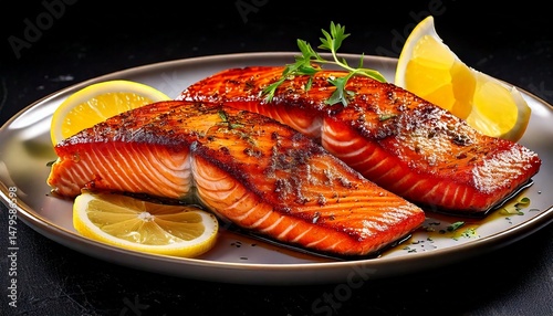 Rebanadas de salmón a la parrilla en un plato con una costra caramelizada, un chorrito de aceite de oliva y rodajas de limón fresco, mostrando las brillantes marcas de la parrilla. photo