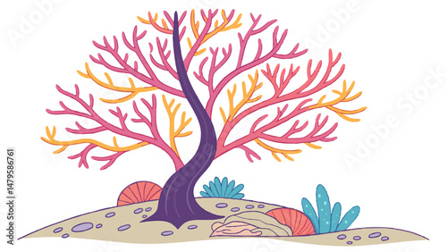Vector vibrant colorful coral reef with unique tree like structure, showcasing various marine plants and shells