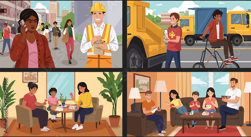 Illustration of Real is Radical: Authentic, unposed scenes of everyday life vector illustrations