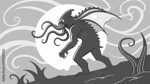 Vector giant eldritch monster with tentacles stands against full moon, evoking sense of dark fantasy and mystery