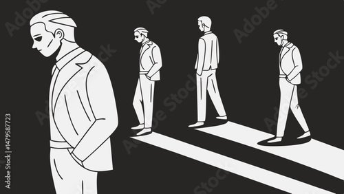 Vector group of stylized figures in suits walking in minimalist style, conveying sense of sophistication and movement