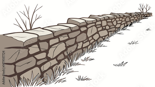 Vector horizontal stone wall with rustic appearance, featuring gray and brown stones, surrounded by grass and sparse trees