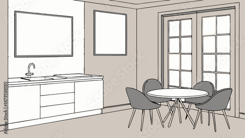 Vector minimalist kitchen and dining area featuring round table and modern chairs, with empty frames on walls