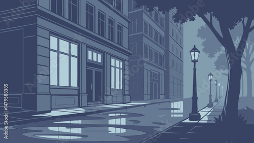 Vector serene, foggy street scene at night with reflections on wet pavement and lampposts illuminating surroundings