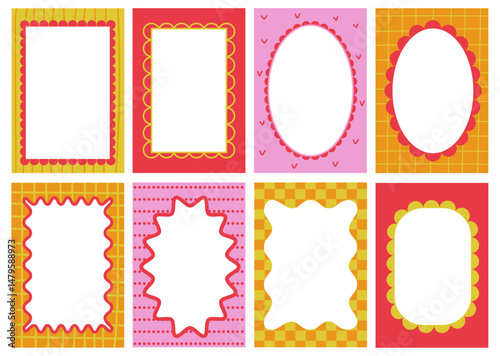 Set of scallop frames with wavy edges. Zig zag edge rectangle border. Poster with fun ellipse elements.