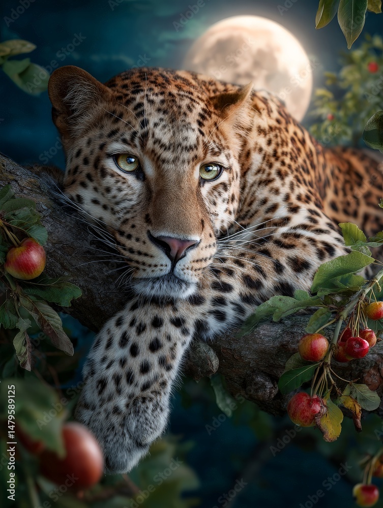 Naklejka premium Hyper-realistic Leopard Resting on a Tree Branch