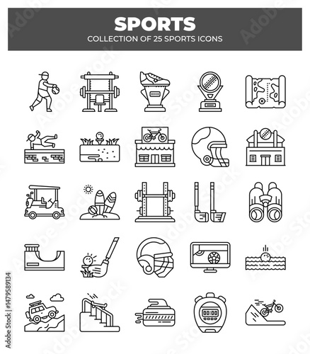Collection of 25 Sports Icons.  Athletic Equipment. Games & Fitness