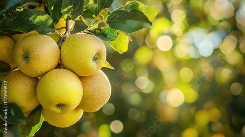 A bunch of Golden Delicious apples hanging from a tree branch
