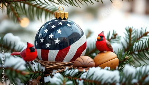 Festive winter scene with American flag ornament and cardinal figurines