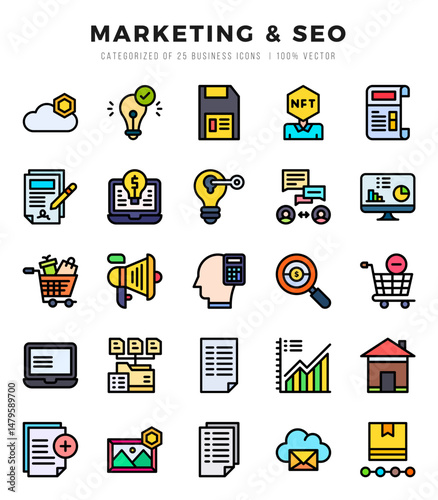 Marketing & SEO elements. Lineal Color web icon set. Simple vector illustration.