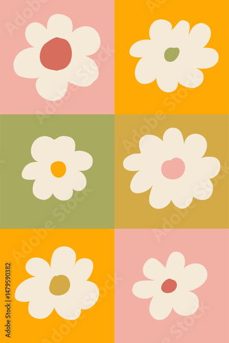 A grid of six abstract modern art minimalist pastel colors cutout floral designs. Vector seamless pattern with bold botanical shapes. Home decor poster illustration