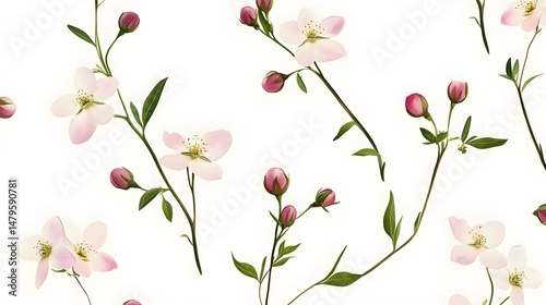 Wallpaper Mural Digital illustration of delicate pink and green branches with blossoming flowers against a white background. Torontodigital.ca