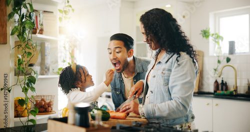 Papier peint Kitchen, family and snack with vegetables for cooking, nutrition and bonding together in home