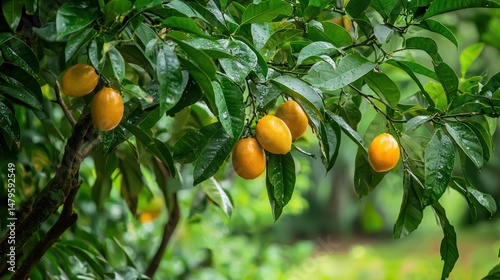 A chalta tree with ripe fruits hanging among thick green foliage