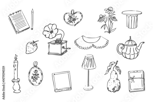 Cottagecore set cosy country rural things sketch. Retro cute whimsy farm themed cottage core aesthetic. Hobby collection, vegetables doodle.