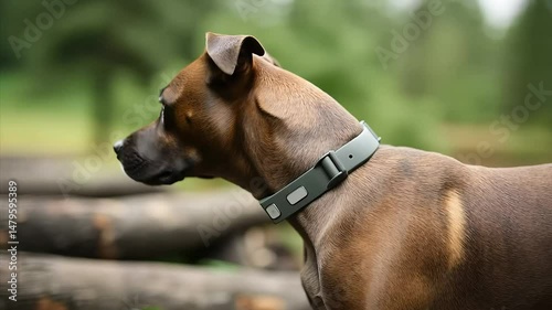Brown dog wearing gps tracker collar looking around